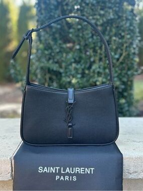 Saint Laurent Black Leather Shoulder Bag with YSL Monogram